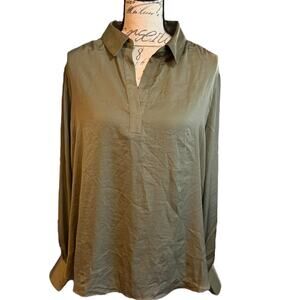 Banana Republic Olive Green Satin V Neck Long Sleeve Shirt Size XL